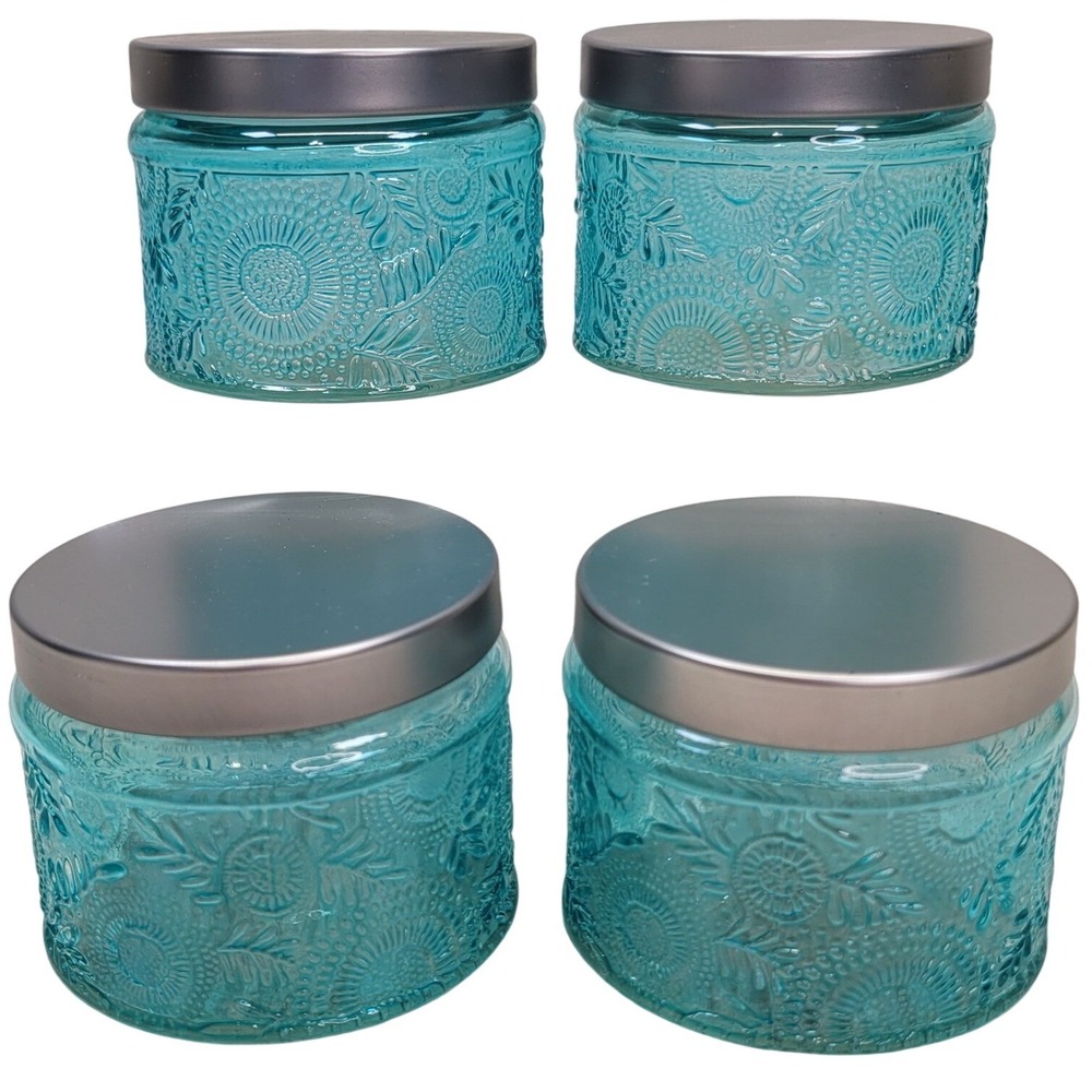 4 Kate Aspen Garden Blooms Glass Votive Jar Candle Holder Blue Turquoise Wedding